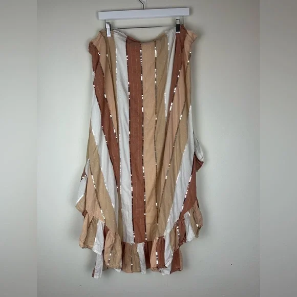 Revolve x Sundress India Sequin Brown Tan Stripe Boho Ruffle High Low Maxi Skirt - Picture 3 of 5